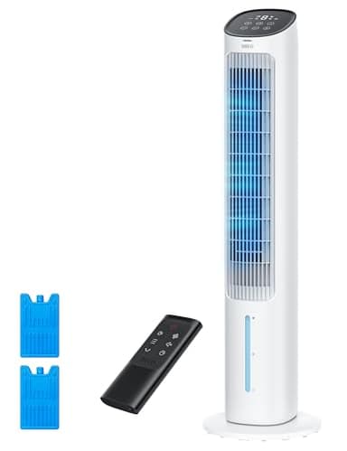 DREO Portable Air Conditioners Fan, 40” Standing Fans that Blow Cold Air, Portable AC，80° Oscillating Evaporative Air Cooler，Removable Water Tank, Ice Packs, Remote Control, 4 Speeds, 7H Timer, White