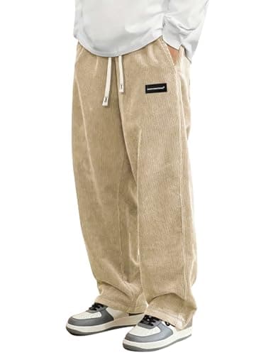 Hidkat Mens Corduroy Casual Pants Fashion Loose Fit Wide Leg Pants Straight Sweatpants Elastic Waist Drawstring Khaki