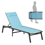WOAJNQO Aluminum Chaise Foldable Patio Lounge Chair Outdoor,Adjustable 5-Position Recliner Pool Lounge Chair,Full Flat Tanning Chair for Patio,Beach,Pool,Outdoor Lounge Chairs Blue