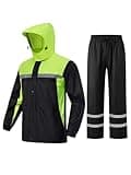 ProHydra Mens Rain Suits with Air Vents Reflective Stripes Waterproof Rain Gear Breathable Jacket Pants for Work Golf Fishing Hiking (Black Green, Large)