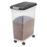 IRIS USA Airtight Dog Food Storage Container, Up to 38 lbs, Attachable Wheels, For Dog Cat Bird and Other Pet Food Storage Bin, Keep Fresh, Translucent Body, Easy Mobility, Black