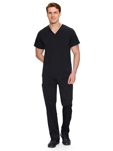 COZYFIT Scrubs for Men Set - V-Neck Scrub Top and Straight Leg Pants with 11 Pockets, Elastic Drawstring Men Scrubs set, Black, L