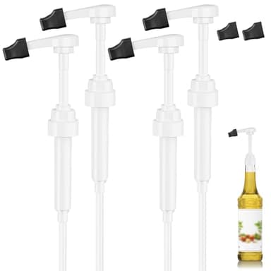 Coffee Syrup Pump for 750 ml Bottle – 4 Pack Syrup Dispenser Pumps Compatible with Monin Glass Bottles – No Clog, Precise Dispensing, Includes 6 Tip Covers – for Coffee Bar, Kitchen, White