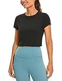 CRZ YOGA Butterluxe Short Sleeve Shirts for Women High Neck Crop Basic T-Shirts Fitted Gym Workout Tops Black Medium