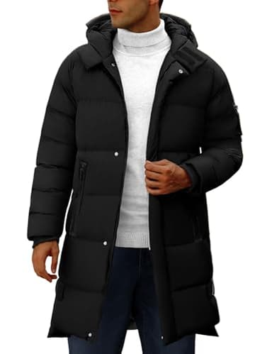 HEEKPEK Men's Hood Puffy Quilted Jacket Winter Warm Long Puffer Coat Windproof Full Zip Thicken Outerwear(Black,L)