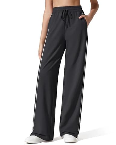 G4Free Womens Track Pants with Pockets Lightweight Wide Leg Sweatpants Drawstring Casual Trousers Y2K Jogging Pant (Black,M,Petite)