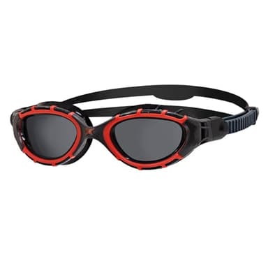 Zoggs Adult Unisex Predator Flex Polarized Anti-Fog UV Protection Wide Vision No-Glare Quick-Adjust Swimming Goggles, 461043, Black/Red Frame, Smoke Lenses, Small