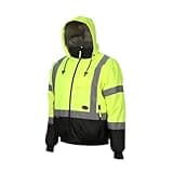 Pioneer Hi Vis Safety Bomber for Men - Waterproof, Reflective, ANSI Class 3, Winter Rain Jacket with Detachable Hood