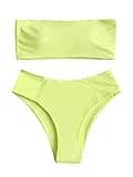 ZAFUL Women's High Cut Bandeau Bikini Set Strapless Solid Color 2 Pieces Bathing Suit Swimsuit (0-Fluorescent Yellow,S)