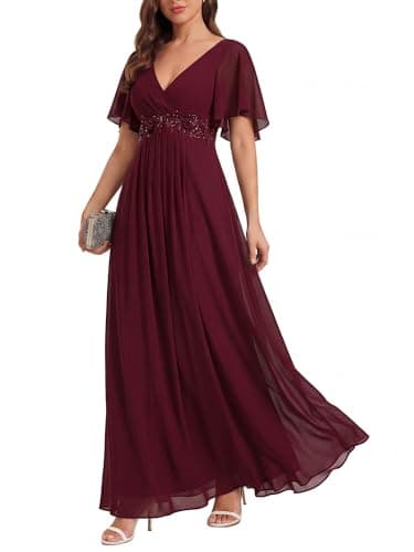 Ever-Pretty Women's Chiffon V-Neck Mother of Bride Dresses A-Line Ruched Short Sleeves Appliques Bridesmaid Dress Formal Gown Burgundy US14
