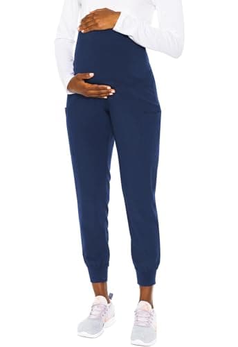 Med Couture Maternity Jogger Scrub Pants for Women, High Rise Waist, 4 Pockets with Soft Knit Waistband MC029, S, Navy