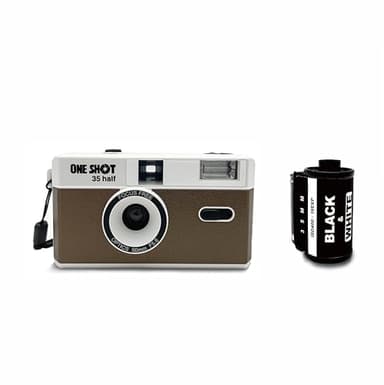 1 Shot Point and Shoot 35mm Film Camera, Reusable Retro Half Frame Camera, Built in Flash, Included One Roll ASA/ISO 400 Black & White Film 18 Exp., (36 Shots) Battery Not Included (Brown Color)