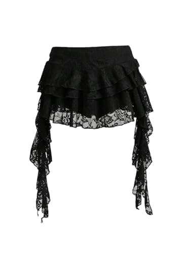Women's Y2K Mini Skirt Ruffle Lace Asymmetrical Cute Skirts Layered Flowy Pleated Skort with Shorts (Black, Small)