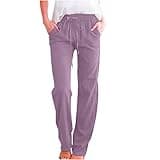 Womens Casual Linen Pants 2024 Spring Drawstring Elastic Waist Trousers with Pockets Lounge Fashion Vacation Clothing