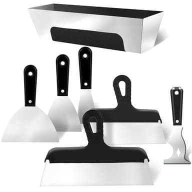 YIDAZLE Drywall Knife Set, 7PCS Drywall Tools with Mud Pan, Stainless Steel 2” 3” 4” 6” 10” 12” Knife Set Putty Knives, Taping Knives, Painter Scraper, 12” Mud Pan, Spackle Tool Kit for Repairing Work