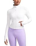 CRZ YOGA Butterluxe Womens Cropped Slim Fit Workout Jacket Weightless Track Athletic Full Zip Up Tops with Thumb Holes White Small
