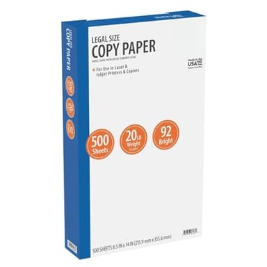 Copy Paper, 8.5" x 14", 92 Bright, White, 20 lb., 1 Ream (500 Sheets)