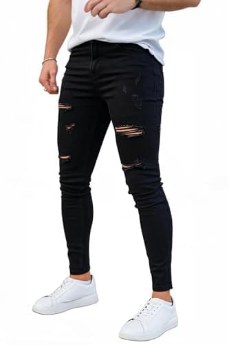 GINGTTO Black Ripped Jeans for Men Slim Fit Stretch Mens Skinny Jeans Elastic Waist 32×30