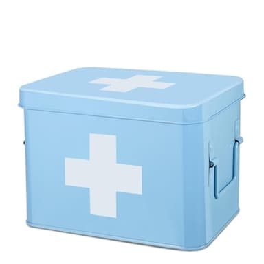 Flexzion First Aid Organizer, 8.5 Inch Blue Vintage Metal Kit Tin With Dividers, Removable Tray and Cross Logo - Empty Medical Storage Container