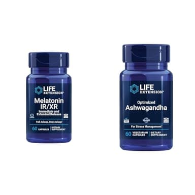 Life Extension Melatonin IR/XR & Optimized Ashwagandha - Sleep, Stress Relief, Focus, Memory - 60 Capsules