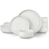 LIANYU Dinnerware Dishes Sets for 4, 12 Piece Stoneware Plates and Bowls Sets, Kitchen Dining Dishware Tableware, Microwave & Dishwasher Safe, Snowy White