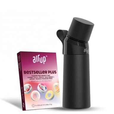 air up® water bottle (16oz) Steel Black + 5x pods Flavor Fiesta | Sugar free flavor pods & Water bottles with straw | Flavored water bottle