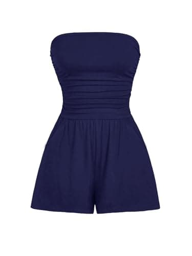AUXDIO Women Summer Casual Strapless Romper Sleeveless Off Shoulder Short Jumpsuits 2026 Beach Vacation Clothes Navy Blue X-Large