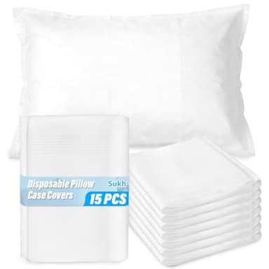 Sukh Disposable Pillow Case Covers Standard Size - White Pillow Cases Bulk Set 15 Pack, Pillow Covers Standard Size 31 x 20 Inch, Travel Pillow Case Cover for Hotels, Guest Rooms, Bedding Supplies