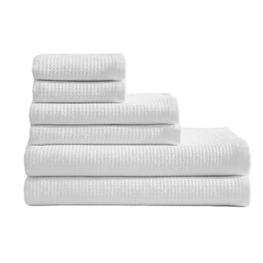 Calvin Klein – Bath Towel Set, Soft Cotton with Textured Waffle Front & Terry Back, Lightweight 650 GSM – 6-Piece Set Includes Bath, Hand & Fingertip Towels with Hanging Loop (Eternity White)