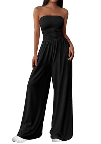 PRETTYGARDEN Womens Trendy Strapless Rompers 2026 Ruched Tube Top Wide Leg One Piece Jumpsuits Beach Vacation Summer Outfits (Black,Medium)