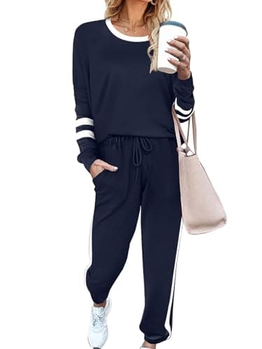 Phophila Airplane Outfits for Women 2025 Fall Pjs Lounge Sets 2 Piece Travel Vacation Sweatsuit Set Navy Blue S
