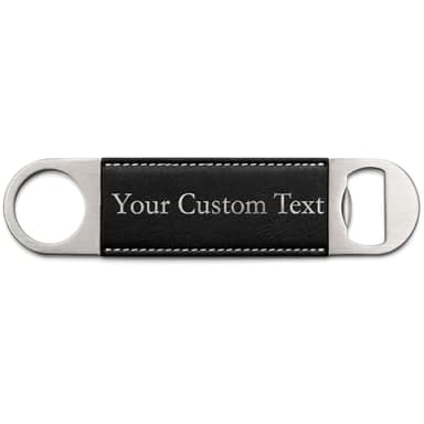 Personalized Add Custom Text Heavy Duty Faux Leather Leatherette Stainless Steel Flat Beer Bar Bottle Opener (Black)