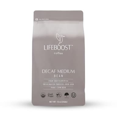 Lifeboost Medium Roast Swiss Water Decaf Whole Bean Coffee - Low Acid Organic Decaf Coffee, Non-GMO, USDA Organic, Single Origin, Third-Party Tested for Mycotoxins & Pesticides - 12 oz Bag