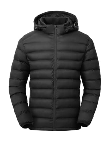 TBMPOY Men's Lightweight Puffer Down Jackets Detachable Hood Water-Resistant Winter Coat Hooded Insulated for Travel Ski Black XL