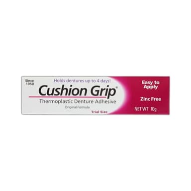Cushion Grip Thermoplastic Denture Adhesive, 0.35 oz (Travel Size) | Refits and Tightens Loose Dentures for Up to 4 Days | Non-Glue, Zinc-Free, Waterproof Formula, Acts Like a Soft Reliner