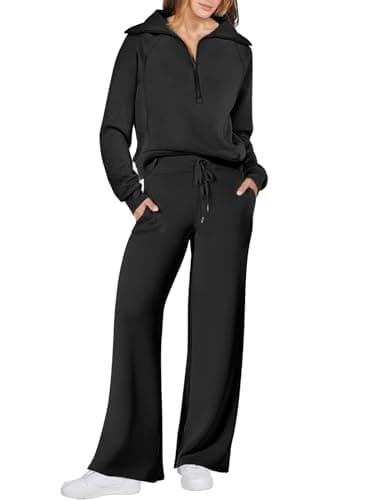 ANRABESS Women’s 2 Piece Outfits Half Zip Sweatshirt & Wide Leg Pants Airport Travel Lounge Matching Sets Sweatsuits Clothing Black Medium