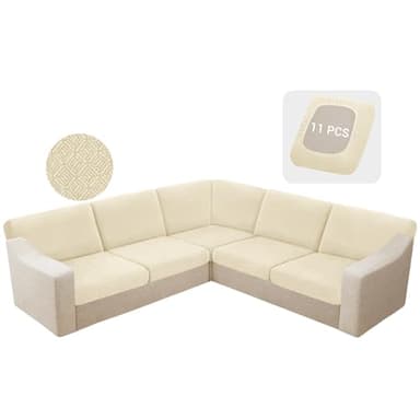 HDCAXKJ Waterproof Sectional Couch Cushion Covers 11 Pieces Stretch Jacquard L Shaped Corner Sofa Slipcover Back Cover Soft Sofa Seat Cushion Covers for Dogs Pet (5 Seater and 6 Backrest, Beige)