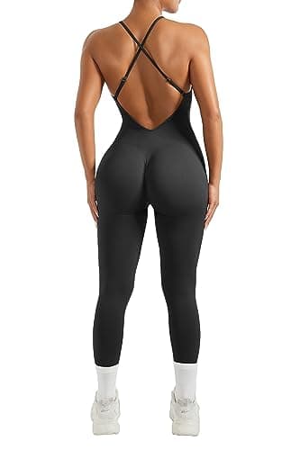 MOOSLOVER Women Strappy Backless One Piece Jumpsuits Tummy Control Padded Workout Rompers(M,#1 Black)