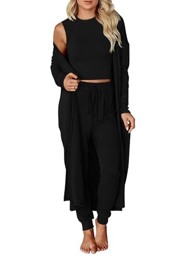 KIRUNDO 3 Piece Lounge Sets for Women Airport Travel Vacation Outfits Spring Cardigan Matching Sleeveless Top Jogger Pants(Black, Large)
