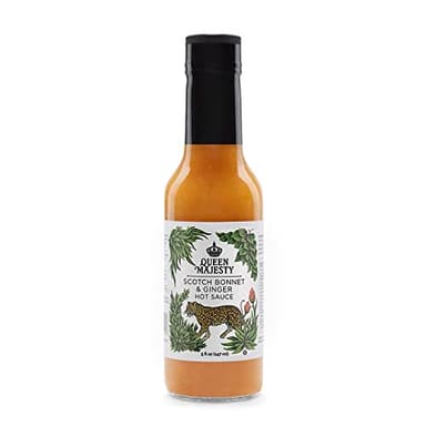 Queen Majesty Scotch Bonnet & Ginger Hot Sauce, 5 oz - All Natural Scotch Bonnet, Habanero, & Ginger Condiment - Vegan, Kosher, Gluten Free, non GMO, No Sugar, Award Winning & Featured on Hot Ones