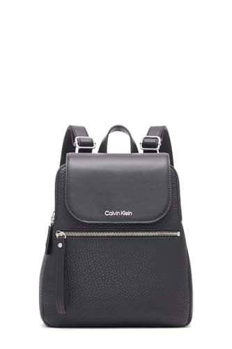 Calvin Klein Reyna Novelty Key Item Flap Backpack, Black/Silver Hampton Pebble, One Size
