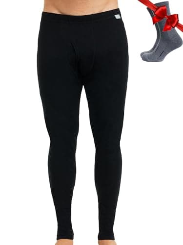 Merino Wool Base Layer Mens Bottom Pants 100% Merino Wool Heavyweight, Midweight, Lite Thermal Underwear Long Johns and Socks (Large, 165 Black)