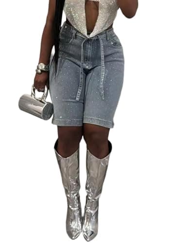 Unybwonn Rhinestone Bermuda Cargo Shorts for Women Knee Length Elastic Waist Bedazzled Long Shorts for Summer Casual Blue