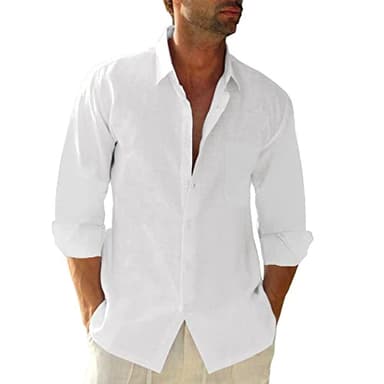 JEKAOYI Button Down Linen Shirts for Men Casual Long Sleeve Regular Fit Cotton Beach Shirts with Pocket White
