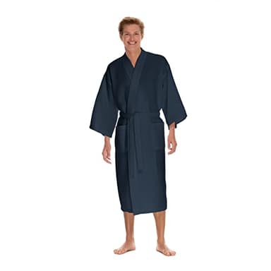 Men's Waffle Robe by BOCA TERRY, Waffle Knit Spa Robe, Long Lightweight Cotton Kimono Hotel Bathrobe (Medium-Large, Navy)