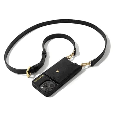 Bandolier Hailey Crossbody Wallet Phone Case for iPhone 16 Pro Max. 100% Genuine Pebble Leather with Gold Hardware. Adjustable & Removable Strap. Expandable Flip Card Holder. Black with Gold