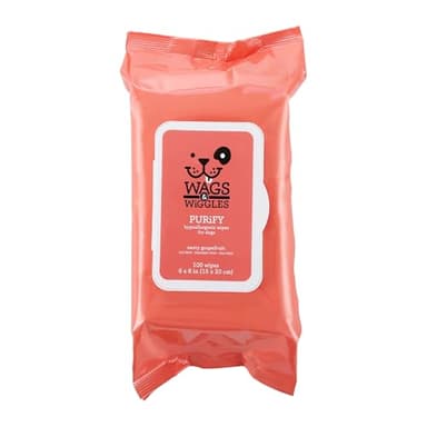 Wags & Wiggles Purify Hypoallergenic Dog Wipes for Sensitive Skin, Paw and Body Grooming Wipes with Gentle Plant Based Formula for Everyday Cleaning, Zesty Grapefruit Scent, 100 Count