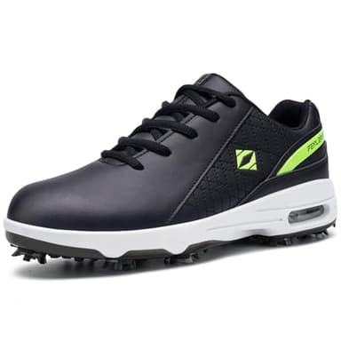 FENLERN Golf Shoes for Men Waterproof Wide Spiked Non Slip Lightweight Golf Sneakers with Leather Upper Air Cushion Fluorescent Green Black