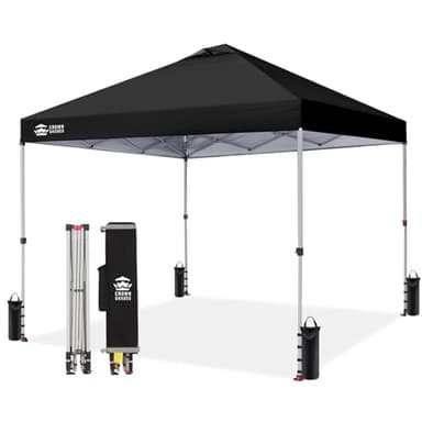 CROWN SHADES 12x12 Pop Up Canopy Outside Canopy, Patented One Push Tent Canopy with Wheeled Carry Bag, Bonus 8 Stakes and 4 Ropes, Black