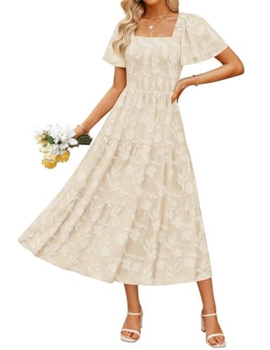 ZESICA Women‘s Summer Boho Floral Midi Dress 2026 Casual Short Sleeve Square Neck Flowy Beach Vacation Long Dress,Apricot,X-Large
